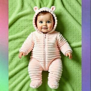 Pink Girl’s Infant Puffy Pram/Bodysuit, 3-6 M. Soft, Lined and Has   “Ears”, NWT